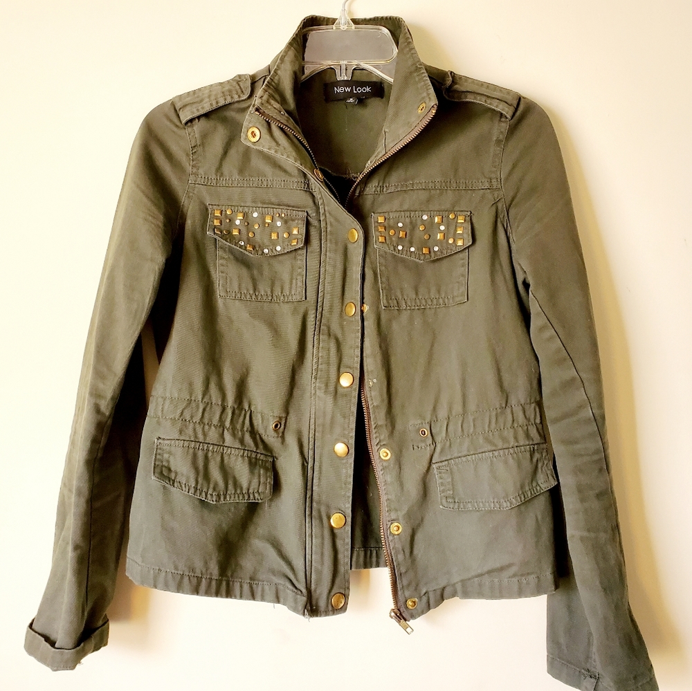 New Look Green Military Jacket with Studs …